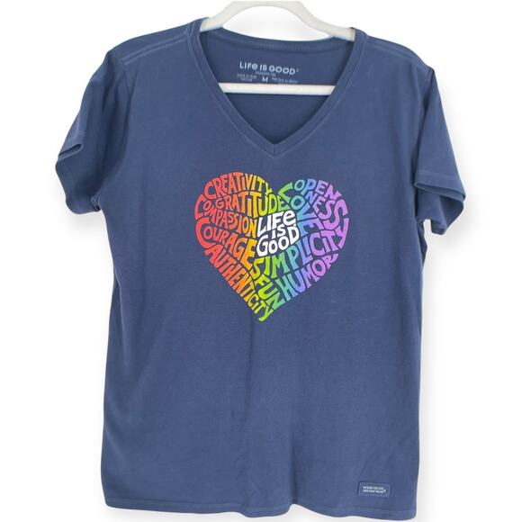 Life is Good Navy Blue Rainbow Pride Heart Crusher Shirt Encouraging Words M - Picture 1 of 9